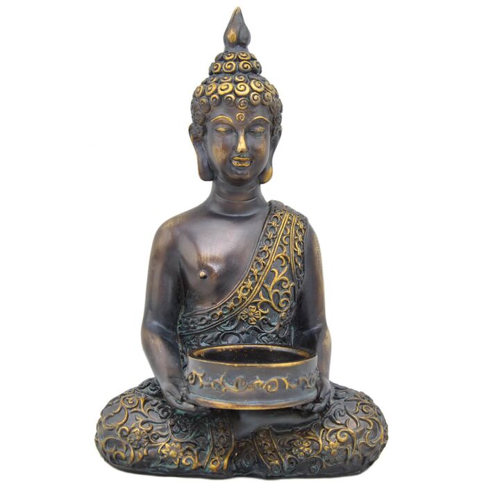 Teelichthalter sitzender Buddha braun/gold 18cm