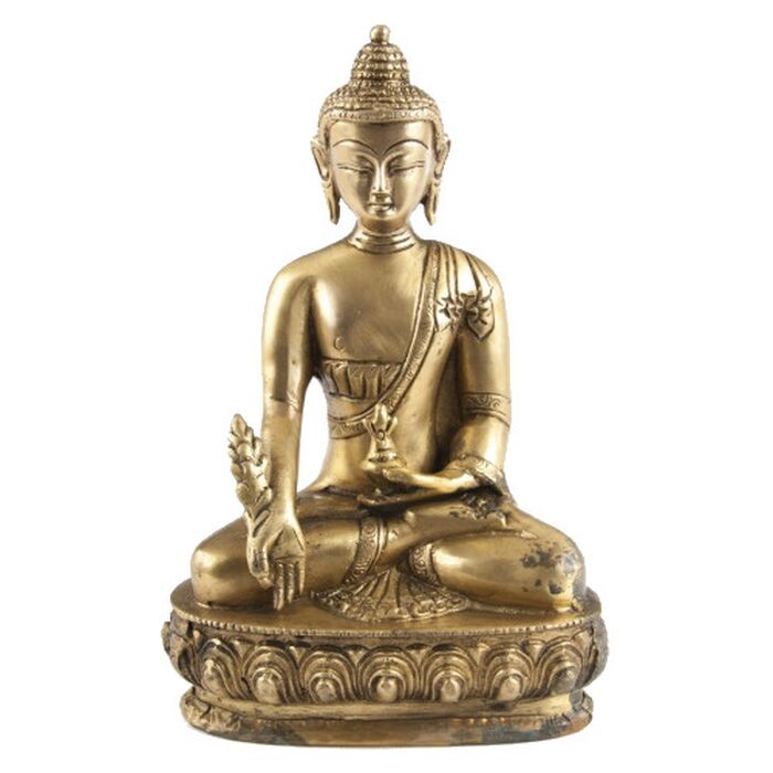 Medicinal Buddha Statue aus Messing 20cm - Heilpflanze, linke Hand