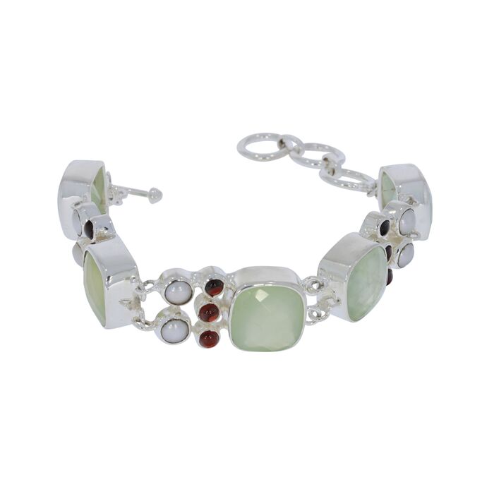 Edelstein / Silber Armband - Prehnit, Perle, Granat