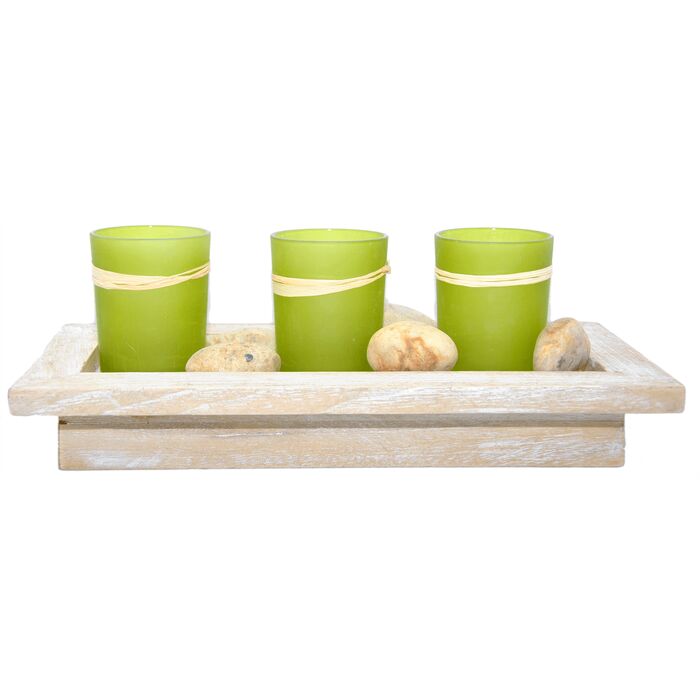 Davartis - Holztablett mit 3 Grünen Teelichthaltern und Steinen