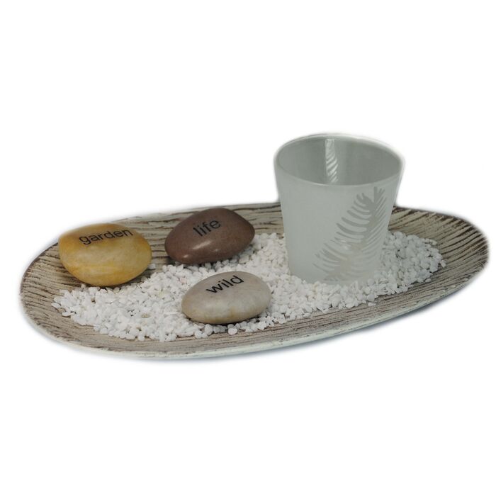 Davartis - Holztablett mit Teelichthalter und 3 Steinen