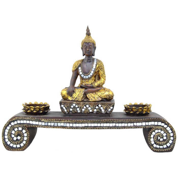 Davartis - Kerzenhalter - Teelichthalter - Buddha mit Goldverzierung und Glasapplikationen