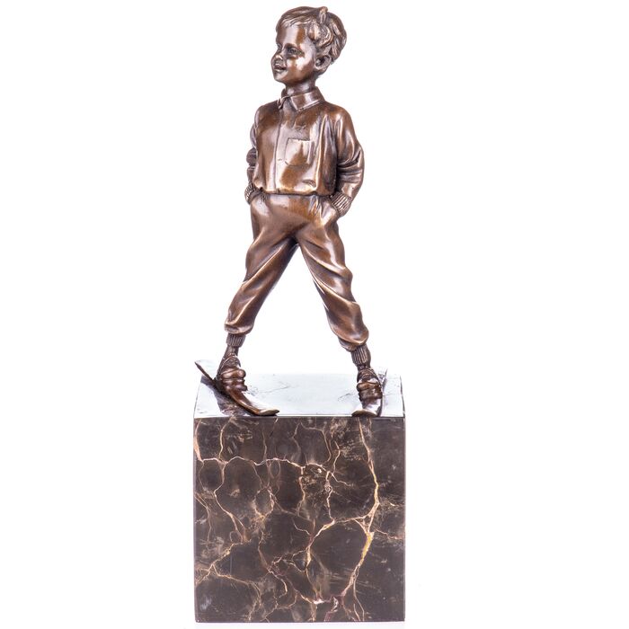 Art Deco Bronzefigur Junge mit Ski The Boy Skier auf Marmorsockel