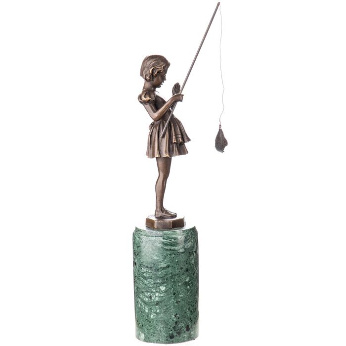 Art Deco Bronzefigur Mdchen mit Angel nach Ferdinand Preiss - auf Marmorsockel